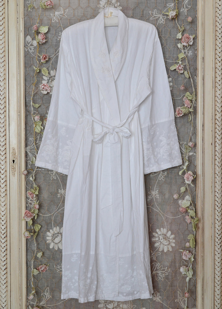 Rose Embroidered White Cotton Dressing Gown