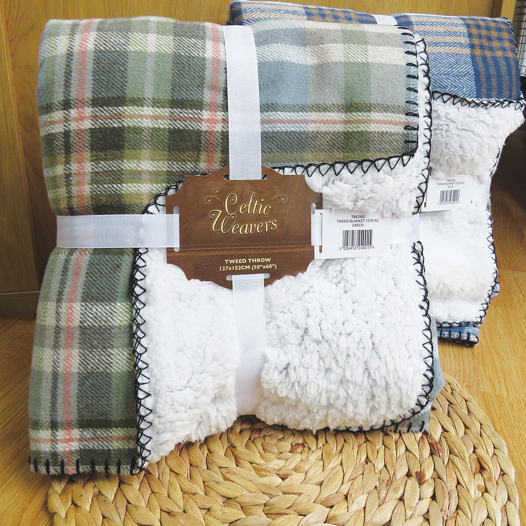 Green Country Tweed Sherpa Fleece Throw Luxury Throws UK